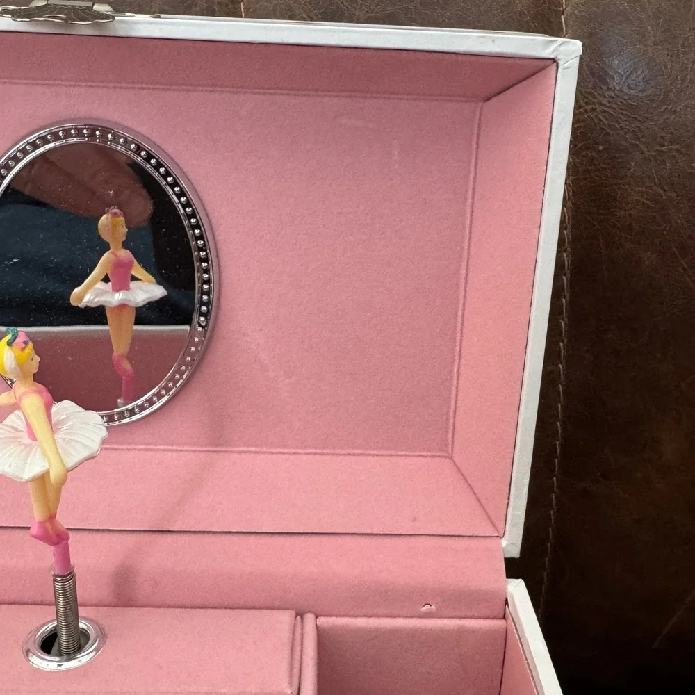 Ballerina Musical Jewelry Box White Pink Floral Vintage Style with Drawer Mirror